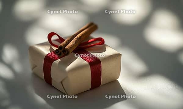 Small, wrapped present with a red ribbon and a cinnamon stick on top, placed on a white background. AI generated [IBR125167418]