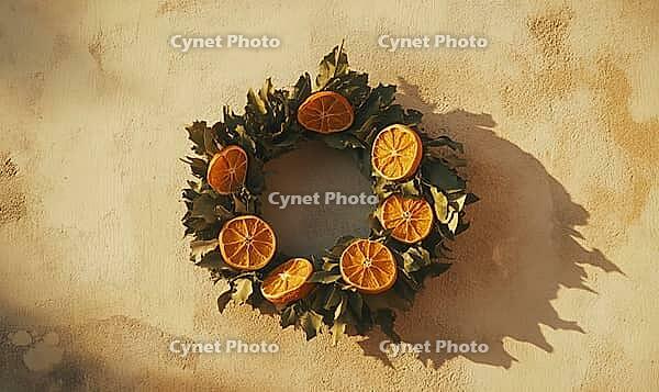 Small wreath of dried orange slices and green leaves, hanging on a beige wall. AI generated [IBR125167419]