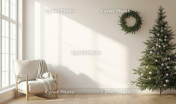 Simple, white-walled room with a single, small green fir wreath on the wall. AI generated [IBR125167421]