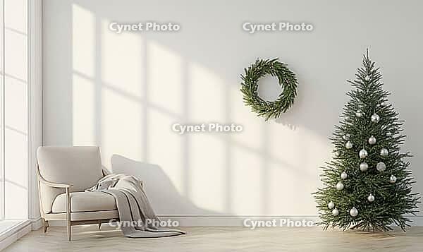 Simple, white-walled room with a single, small green fir wreath on the wall. AI generated [IBR125167422]