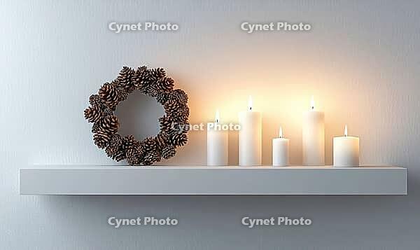 Modern white mantle with a single pinecone wreath and a few white candles. AI generated [IBR125167423]