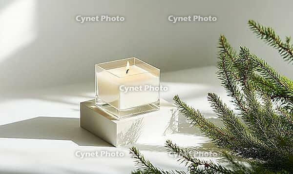 Minimalist candle arrangement with a single white candle in a transparent holder, surrounded by green fir branches. AI generated [IBR125167427]