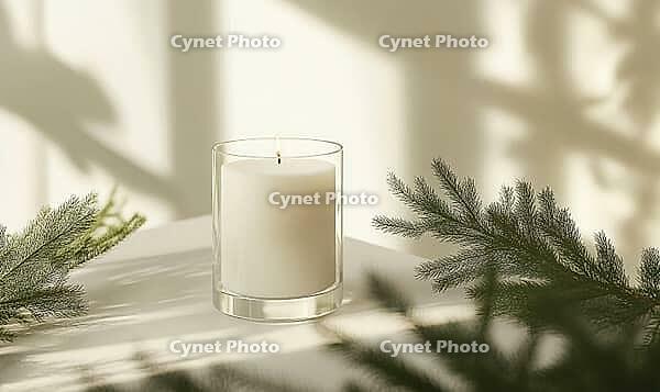 Minimalist candle arrangement with a single white candle in a transparent holder, surrounded by green fir branches. AI generated [IBR125167428]