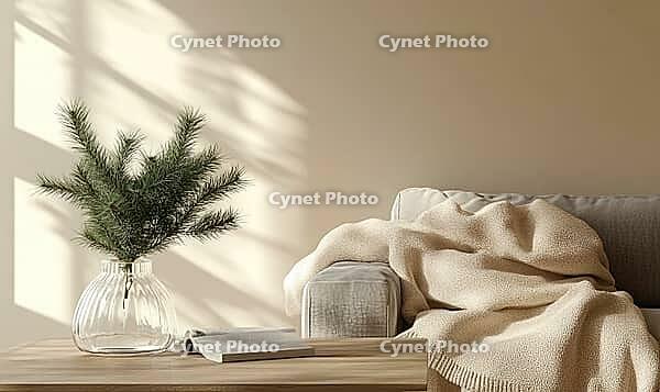 Minimalist Christmas living room with a single white fir branch in a transparent glass vase on a wooden coffee table. AI generated [IBR125167430]