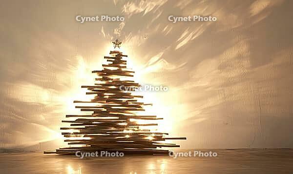 Minimalist Christmas tree silhouette made from natural wooden planks against a white wall. AI generated [IBR125167432]
