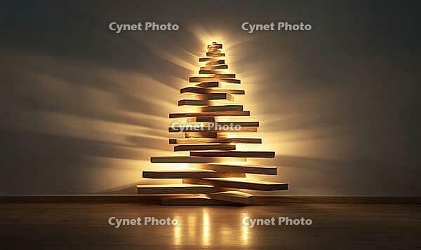 Minimalist Christmas tree silhouette made from natural wooden planks against a white wall. AI generated [IBR125167433]