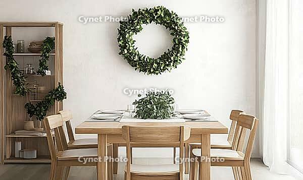 Scandinavian dining room with minimal decor, light wood table and chairs. AI generated [IBR125167434]