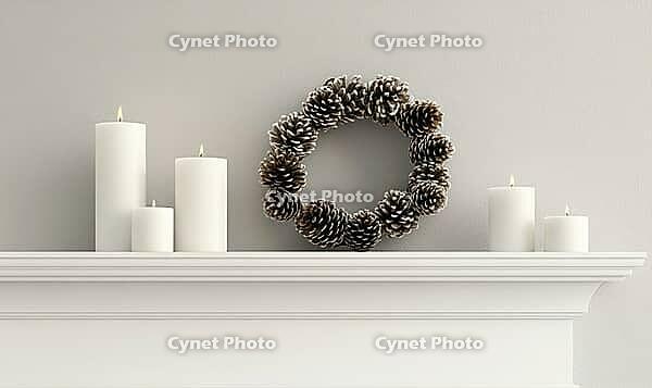 Modern white mantle with a single pinecone wreath and a few white candles. AI generated [IBR125167435]
