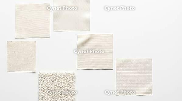 Five undyed pale fabric swatches in pentagon arrangement, different weave structures including cotton plain weave, polyester satin, wool boucle, nylon ripstop, rayon jersey, textile fiber identification reference material concept, white background, studio [IBR125167437]