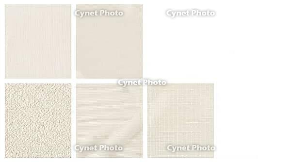Five undyed pale fabric swatches in pentagon arrangement, different weave structures including cotton plain weave, polyester satin, wool boucle, nylon ripstop, rayon jersey, textile fiber identification reference material concept, white background, studio [IBR125167438]