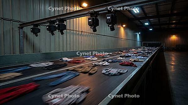 Industrial textile sorting facility conveyor belt with blurred mixed donated clothing in motion, NIR sensor and camera arrays mounted overhead on steel rail, automated fiber identification and recycling concept, no people, studio shot, AI generated [IBR125167442]