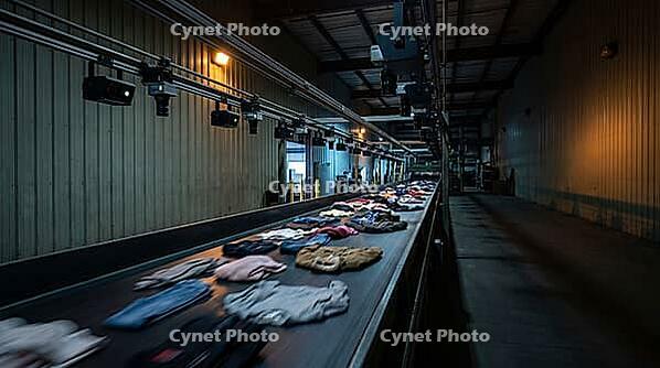 Industrial textile sorting facility conveyor belt with blurred mixed donated clothing in motion, NIR sensor and camera arrays mounted overhead on steel rail, automated fiber identification and recycling concept, no people, studio shot, AI generated [IBR125167443]