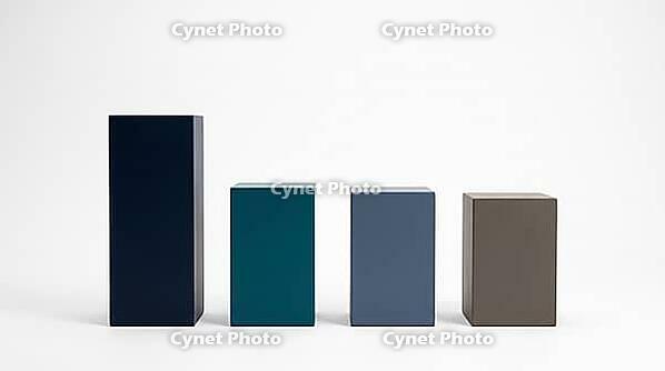 Abstract probability bar chart, four three-dimensional colored blocks of varying heights representing World Cup 2026 semi-final win probabilities, sports analytics supercomputer prediction concept, white background, studio shot, AI generated [IBR125167446]
