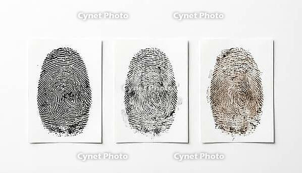 Three identical whorl fingerprints side by side on white cards, showing high-quality crisp ridges, moderate partial smudging, and poor-quality degraded impression, forensic fingerprint quality assessment concept, white background, studio shot, AI generate [IBR125167454]
