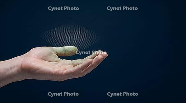 Human hand open palm floating against dark navy background, contactless biometric fingerprint scanning laser grid projected above fingertips, next-generation fingerprint capture technology concept, studio shot, AI generated [IBR125167456]