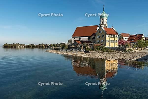 Baroque church of St. Georg, moated castle am Lake Constance, Bavaria, Germany [IBR125173452]