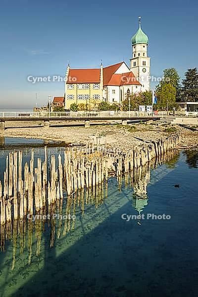 St. Georg Catholic Church, moated castle am Lake Constance, Bavaria, Germany [IBR125173456]