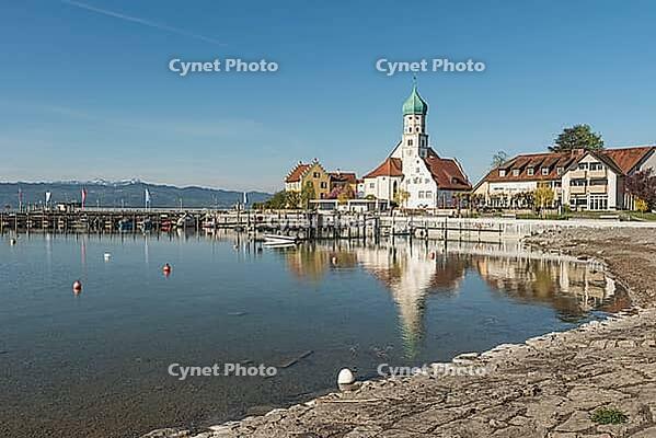 Port and Baroque Church of St. Georg, moated castle am Lake Constance, Bavaria, Germany [IBR125173457]