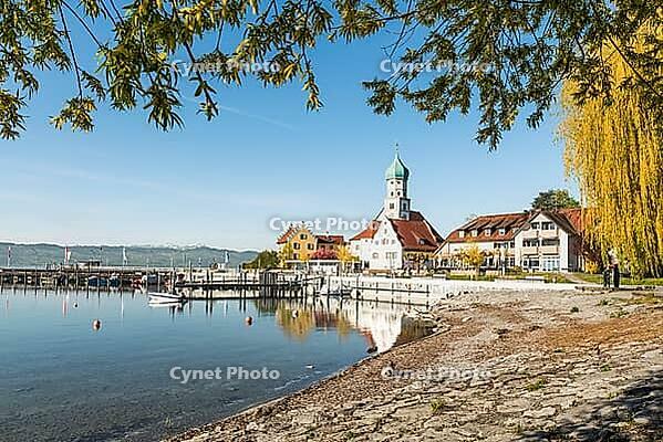 Port and Baroque Church of St. Georg, moated castle am Lake Constance, Bavaria, Germany [IBR125173461]