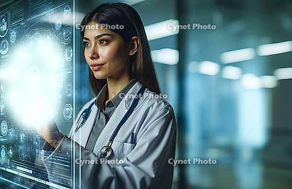 A female doctor interacts with a futuristic digital hologram in a professional setting, AI generated [IBR125173463]