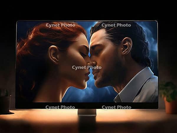A dramatic close-up of a couple about to kiss, displayed on a screen with soft lighting, AI generated [IBR125173464]