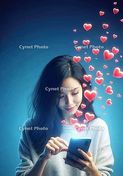 A woman on her smartphone surrounded by floating digital hearts against a blue backdrop, AI generated [IBR125173465]
