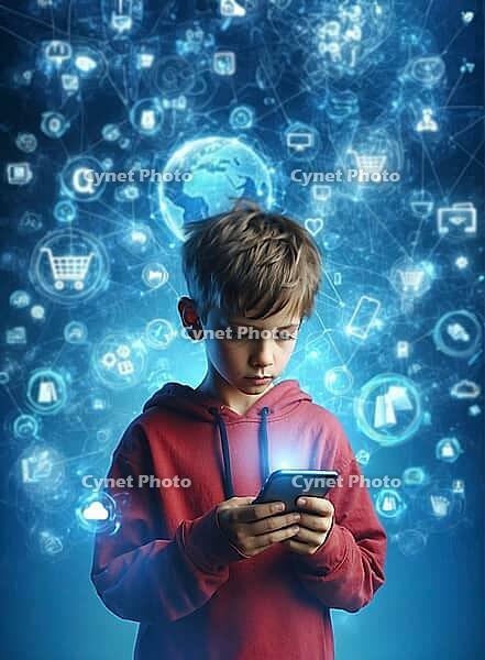 A boy with a smartphone amidst a sea of digital symbols on a glowing, blue background, AI generated [IBR125173466]