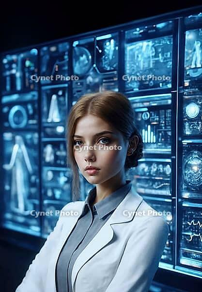 A woman stands before a futuristic digital display, wearing a lab coat, projecting a serious demeanor, AI generated [IBR125173467]