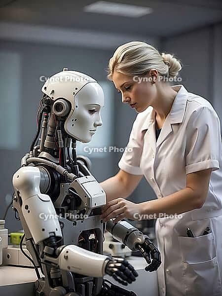 A scientist adjusts a humanoid robot in a lab setting, showcasing technological innovation, AI generated [IBR125173470]