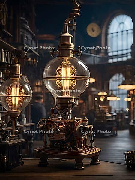 Steampunk-style lamp with warm glow in an ornately decorated vintage workshop setting, AI generated [IBR125173471]