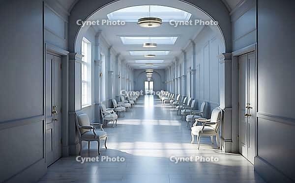 A long, elegant hallway with natural light streaming through skylights and a row of chairs along the wall, AI generated [IBR125173473]