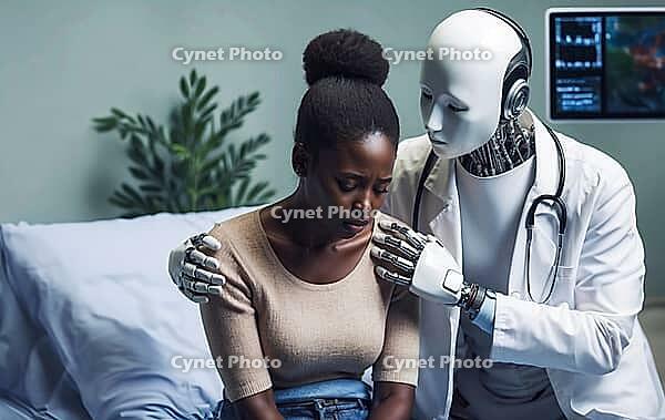 A robot in medical attire comforts a woman on a hospital bed, illustrating AI's supportive role in healthcare, AI generated [IBR125173474]