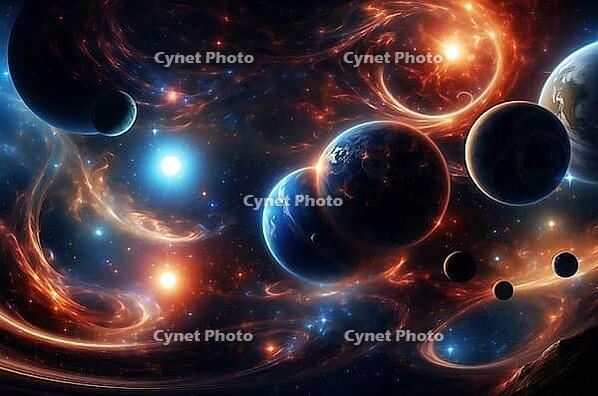 Celestial scene with swirling galaxies and glowing planets in a vibrant cosmic atmosphere, AI generated [IBR125173475]