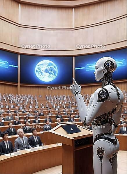 A humanoid robot presenting at a conference with a large audience and digital screens displaying an image of Earth, AI generated [IBR125173476]