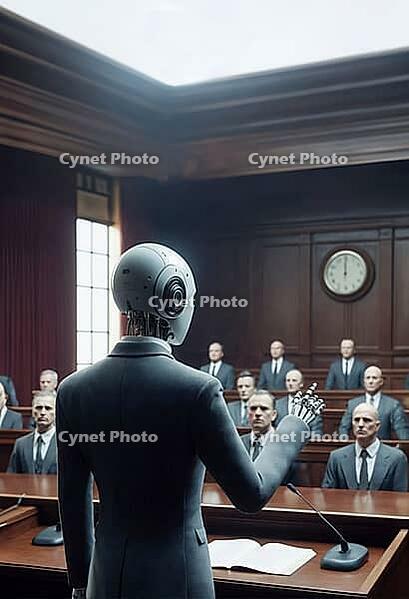 A humanoid robot standing in a courtroom facing a panel of judges during a formal proceeding, AI generated [IBR125173477]
