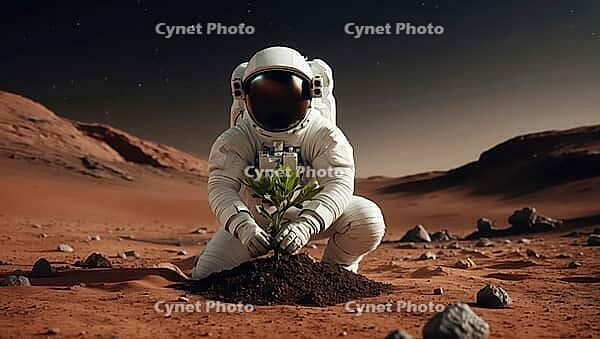 Astronaut planting and caring about a plant on planet Mars, AI generated [IBR125173478]