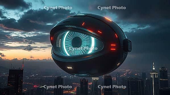 A futuristic floating eye-shaped object glowing against a cityscape at sunset, creating a sci-fi atmosphere, AI generated [IBR125173479]