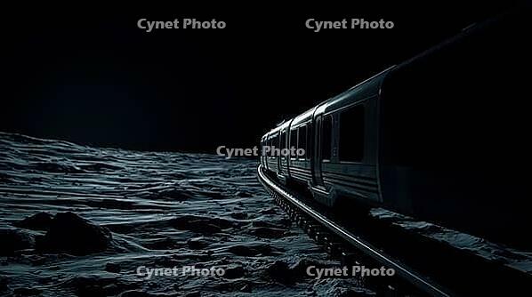A train travels on the moon surface, solitary track under a dark, mysterious sky, AI generated [IBR125173480]