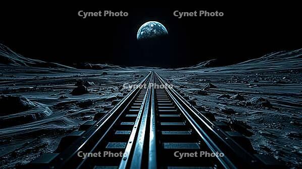 Railroad tracks stretch into the distance under a moonlit sky on the lunar landscape, planet earth in background, AI generated [IBR125173481]