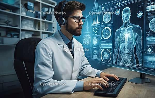Doctor using a computer with a holographic medical interface displaying human anatomy in a modern office, AI generated [IBR125173483]