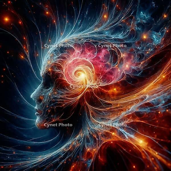 Abstract depiction of a face with neural and fiery patterns, evoking a surreal cosmic energy, AI generated [IBR125173484]