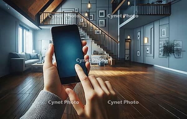 Hand holding a smartphone in a stylish and modern living room with a staircase and minimalistic decor, AI generated [IBR125173485]
