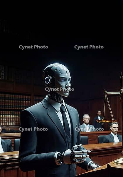 A robot in a courtroom setting, appearing formal and futuristic, possibly engaging in legal proceedings, AI generated [IBR125173486]