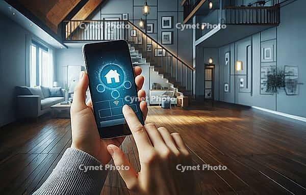 A person uses a smartphone to control smart home features in a stylish, modern interior, AI generated [IBR125173487]