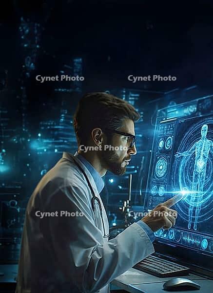 Scientist using a high-tech holographic display showing a human anatomy diagram, AI generated [IBR125173488]