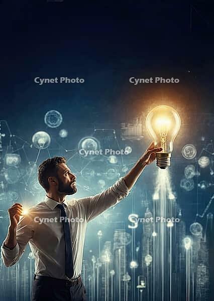 Man reaching for illuminated light bulb symbolizing innovation and creativity against a tech background, AI generated [IBR125173489]
