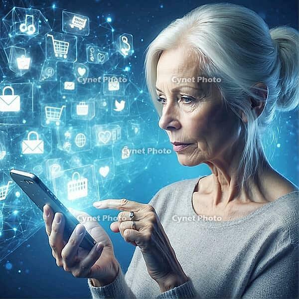 Elderly woman engaging with smartphone surrounded by digital symbols in a blue tech environment, AI generated [IBR125173490]