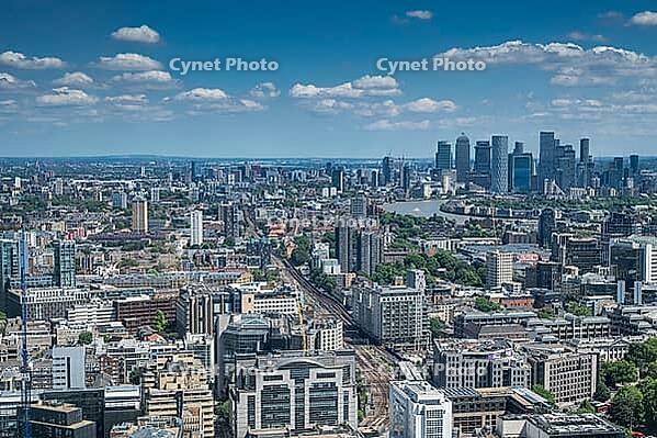 View of London from 20 Fenchurch Street skyscraper with Canary Wharf financial center, London, England, Great Britain [IBR125177949]