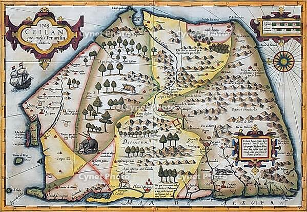 Old coloured map of Ceylon or Sri Lanka decorated with an elephant, a deer, a fox, sailing ship, compass rose and three decorative cartouches, by Jodocus Hondius from the Mercator Hondius Atlas, Amsterdam, 1633 [IBR125177955]