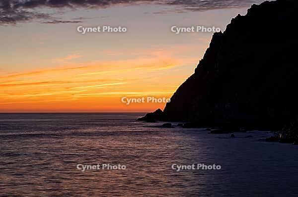 Sunset, sunset at sea, dramatic clouds, Cot Valley Beach, Porth Nanven, coast, St Just in Penwith, Cornwall, England, Great Britain, Great Britain [IBR125177989]